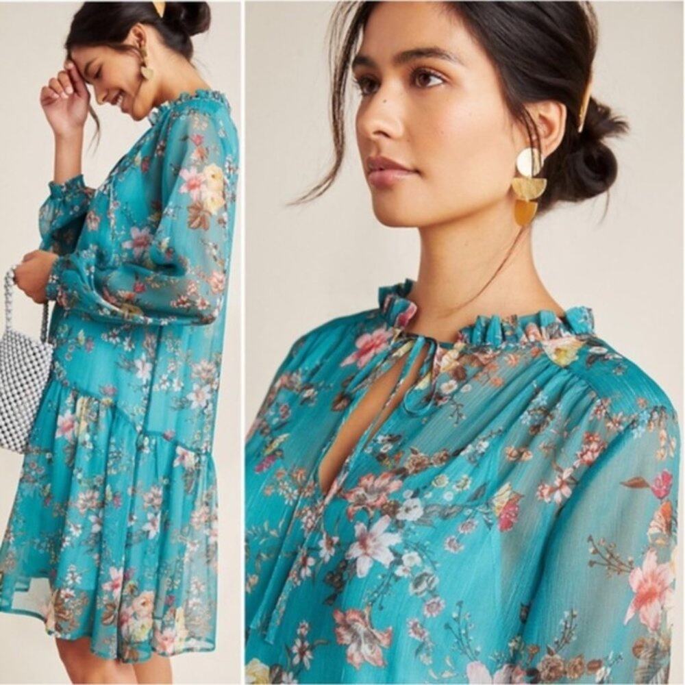 Anthropologie Teal Floral Mini Dress